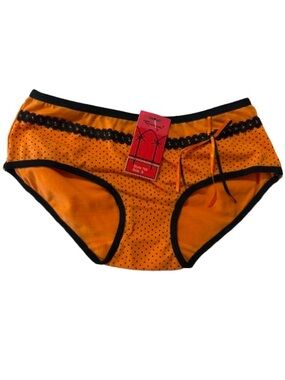 Queen Orange Polka Dot Women Bikini Briefs with Black LaceTrim and Accent Bow Sm